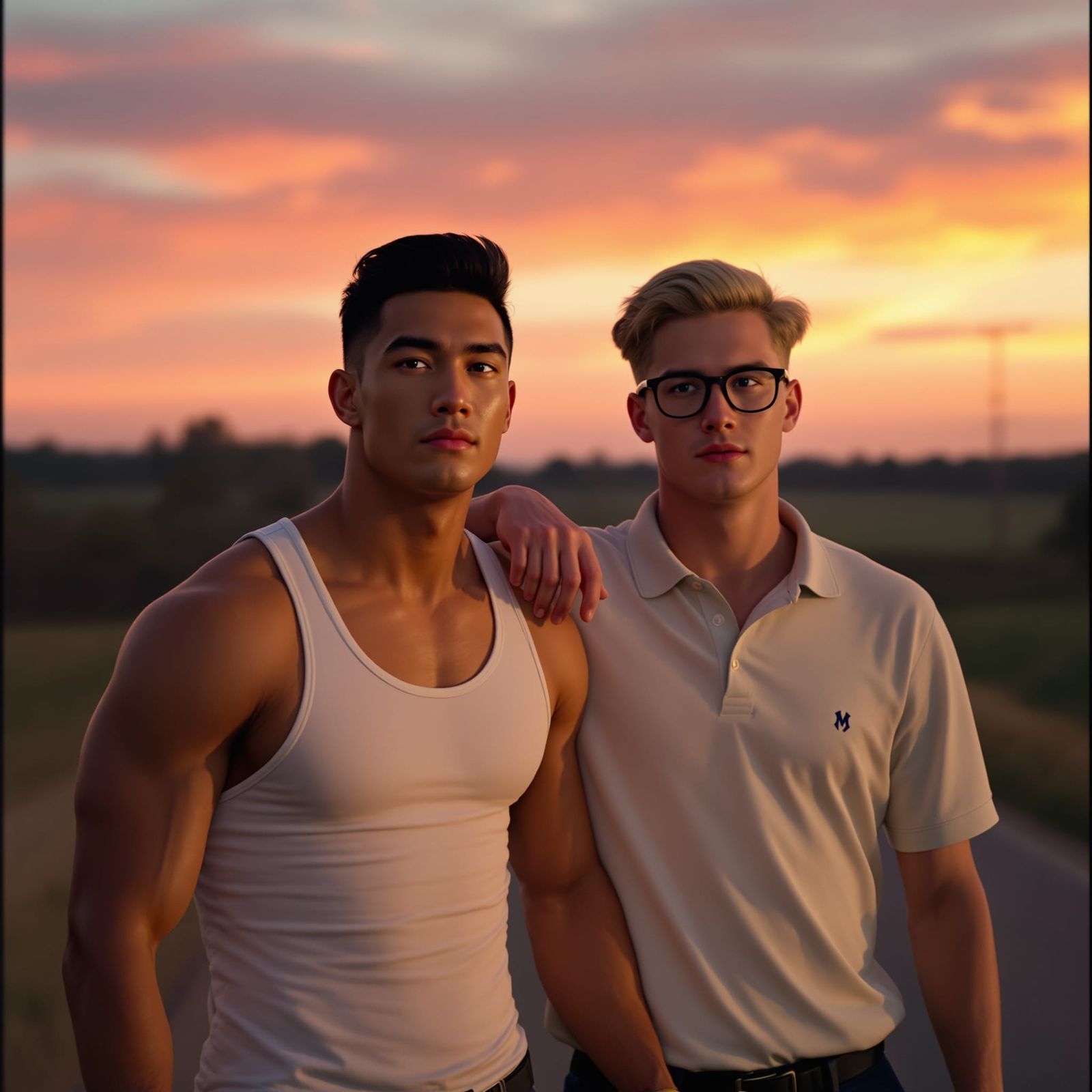 1950s Men Walking at Dusk in Hyperrealistic Style