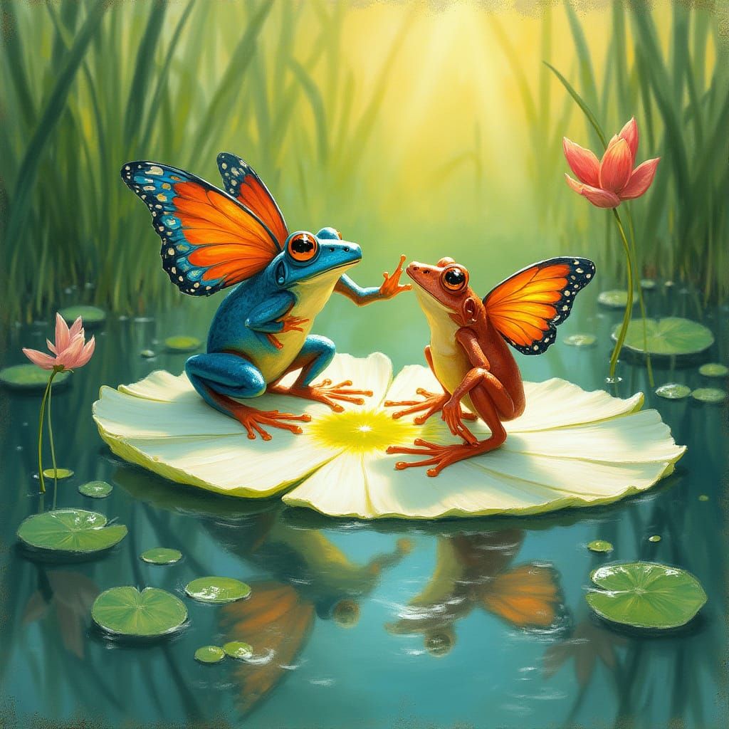 Surreal Frogs and Butterflies Dance on Lily Pad