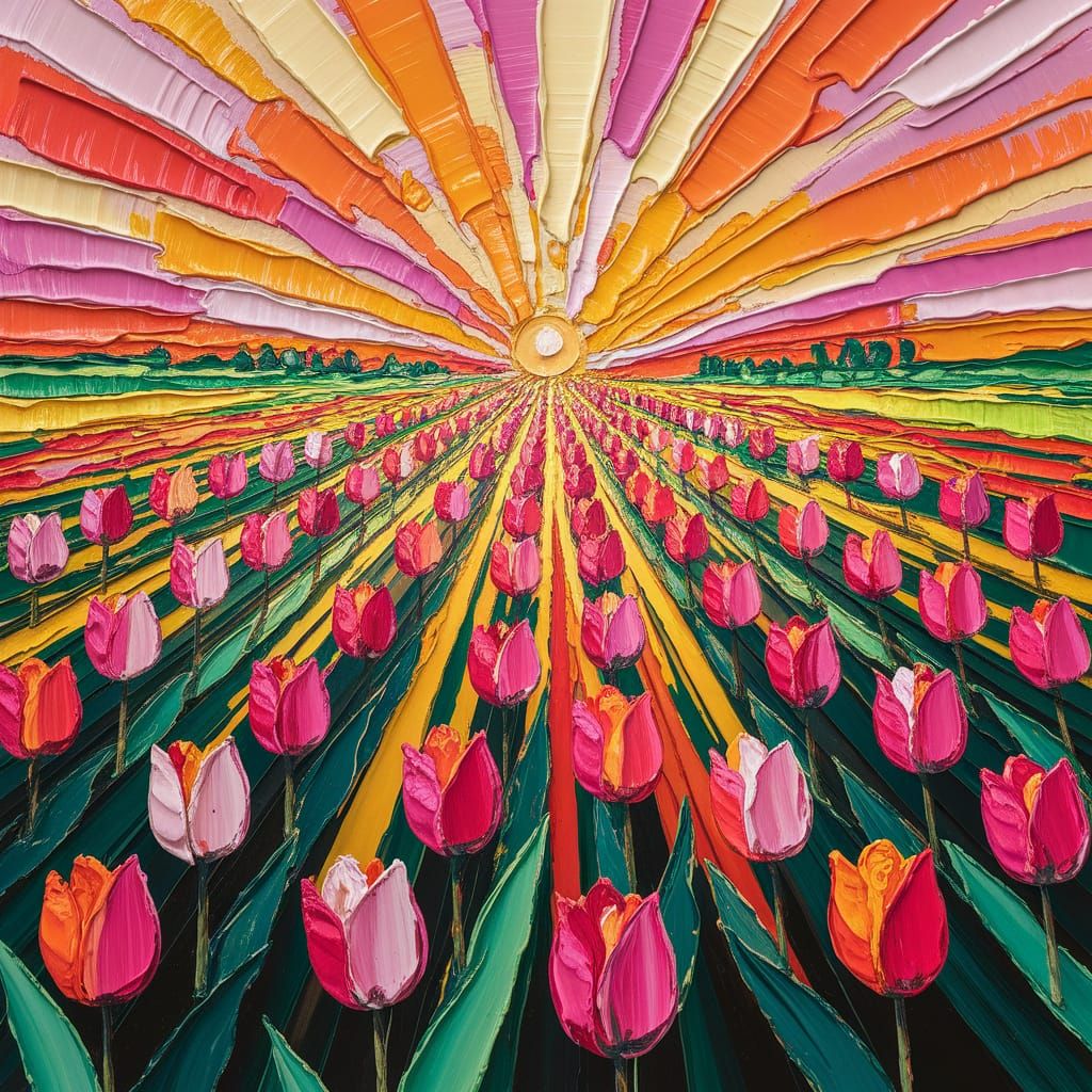 Tulip Fields at Sunrise: A Neo-Impressionist Oil Painting