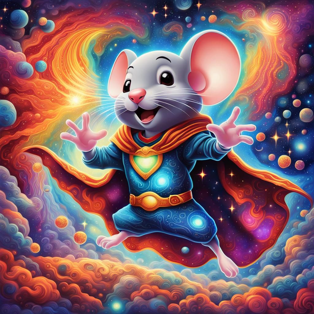 Mighty Mouse Soars through Vibrant Astral Realm in Iridescen...