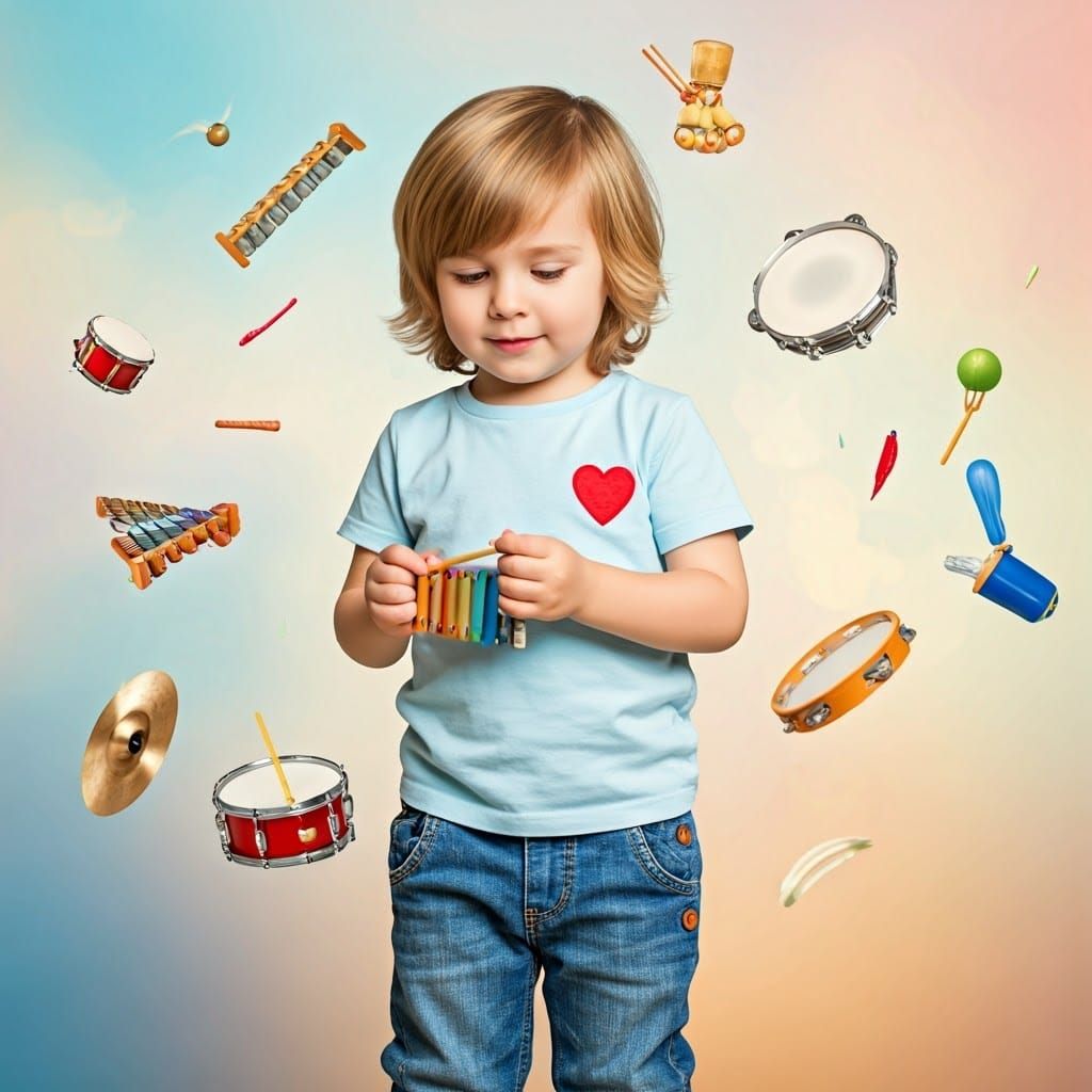 Boy Plays Metallophone in Dreamy Pastel Setting