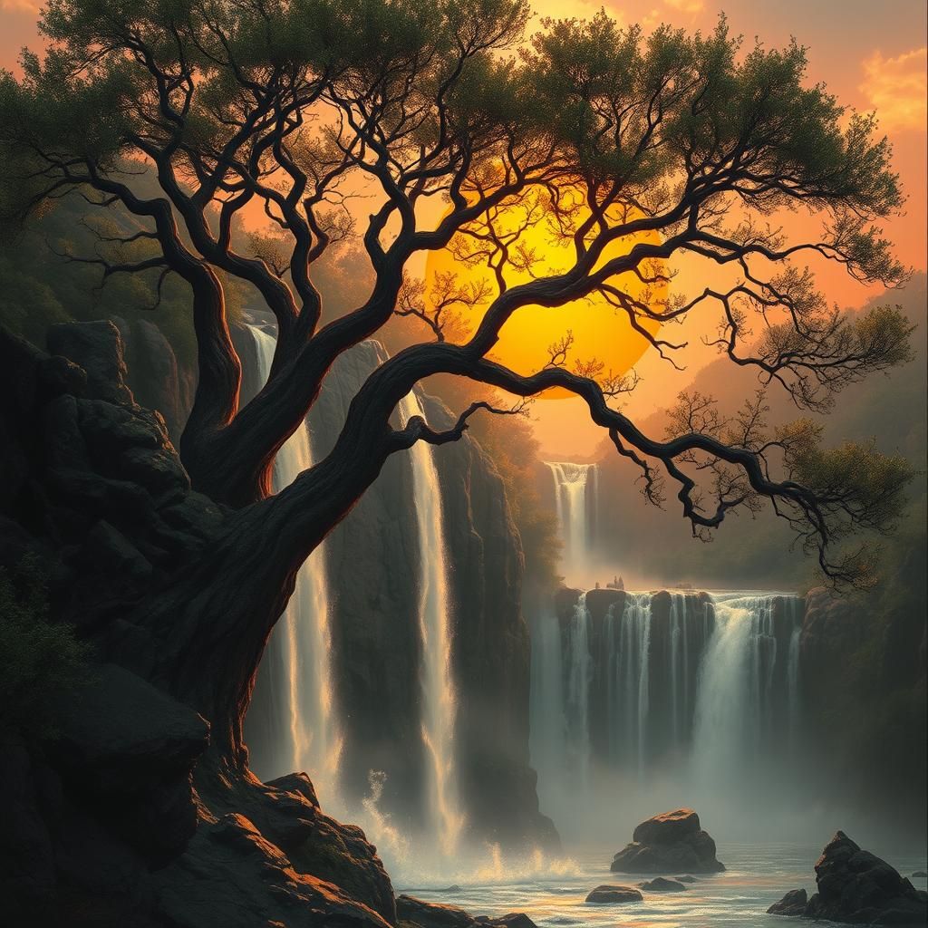 Majestic Acacia Tree at Sunset: Digital Airbrush Art