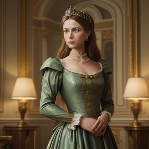 Queen of France in Ornate Hall: Cinematic Film Still