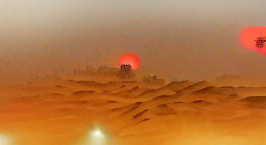 Red Sun Over Desert Cityscape