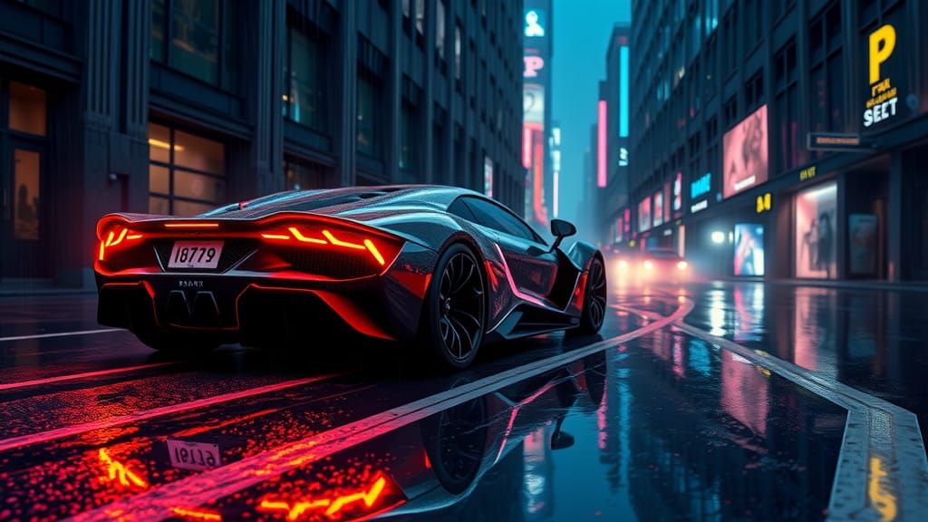 Cyberpunk Supercar Speeds Through Rainy Night