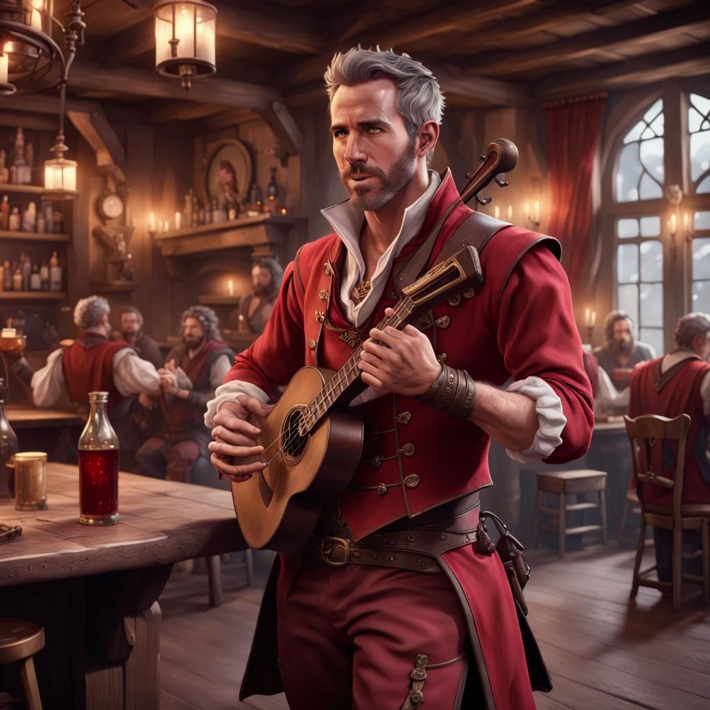 Fantasy Bard in Tavern, Detailed Digital Painting