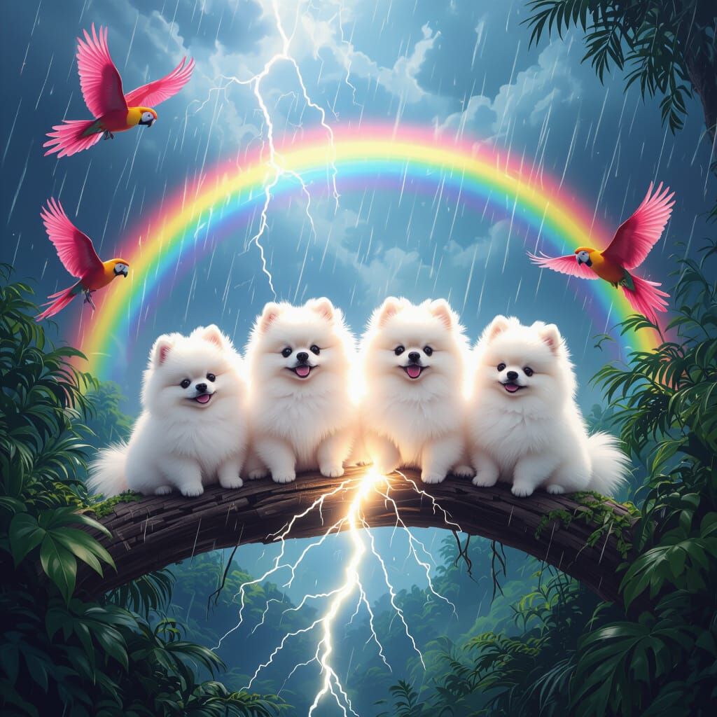 Pomeranians on Lightning Bolt in Jungle Storm with Rainbow