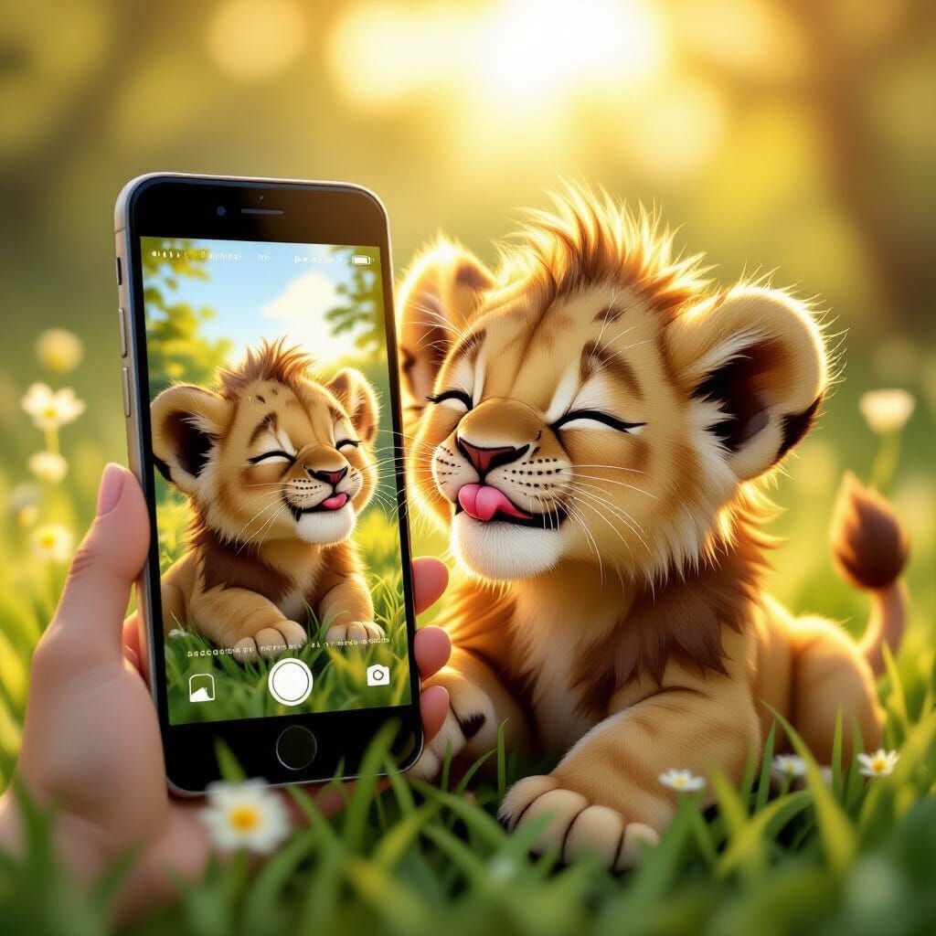 Lion Cub Selfie in Storybook Style