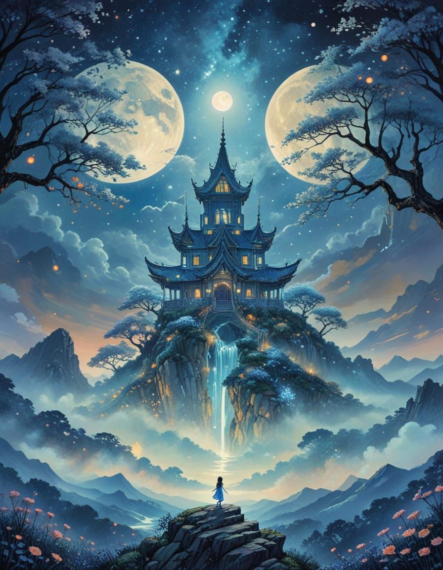Dreamy Full Moon Manga Artwork in Serene Fairy Landscape
