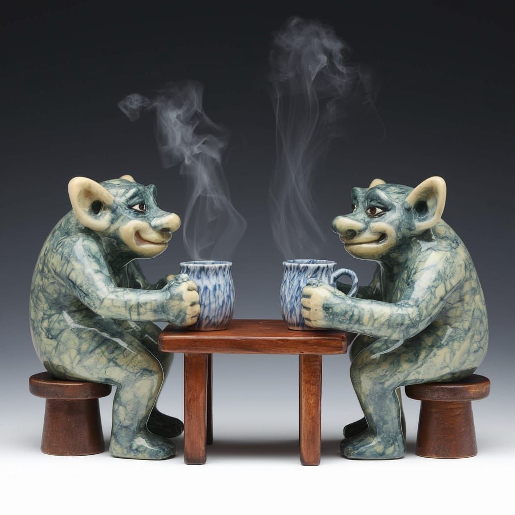Nerikomi Pottery Trolls Enjoy Tea in Whimsical Setting