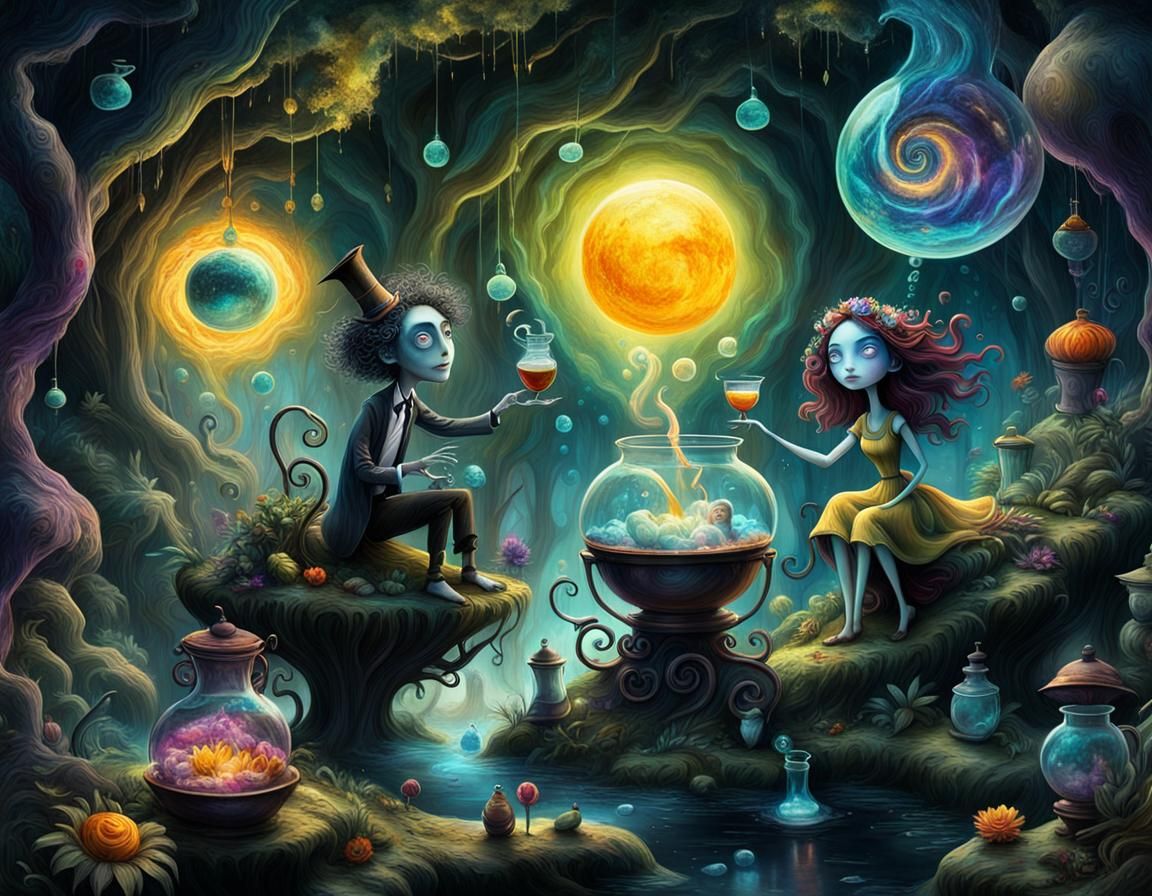 (whimsical Sunshine day,:1.5), a clear day, (whimsicale characters of Tim Burton and of Luis Gabriel Pacheco:1.9) in a j...