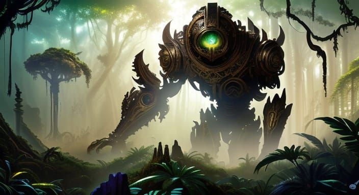 A colossal, ancient automaton, crafted from weathered bronze...