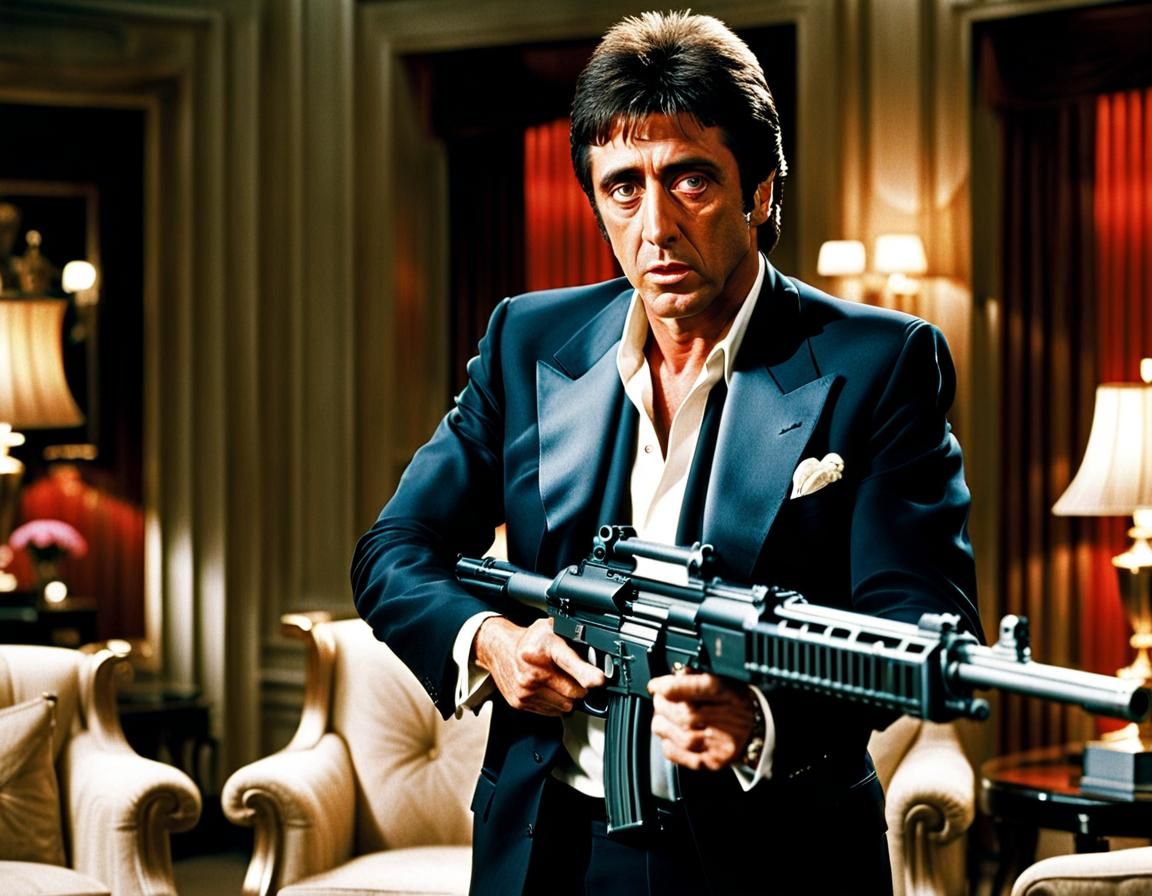 Al Pacino as Tony Montana in Scarface with Machine Gun