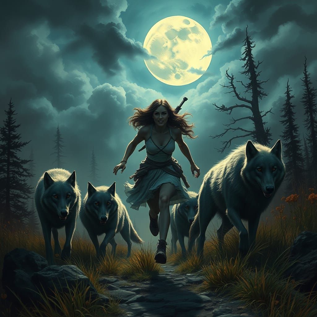 Moonlit Wolves Chase a Daring Runner in a Dark, Mystical Lan...