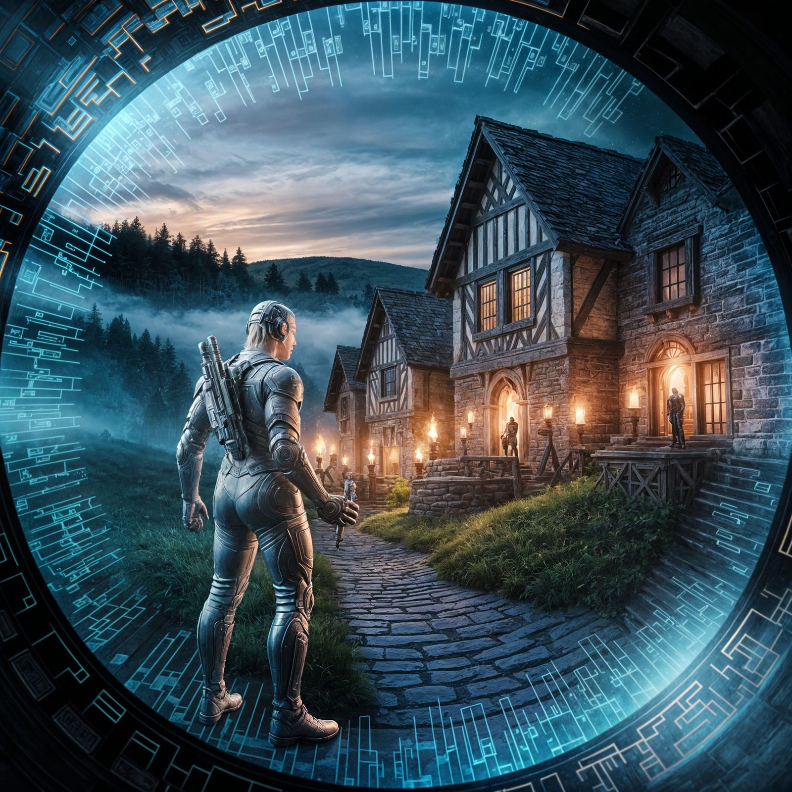 Scientist's Portal: Medieval Village Meets Future, Ink Drawi...