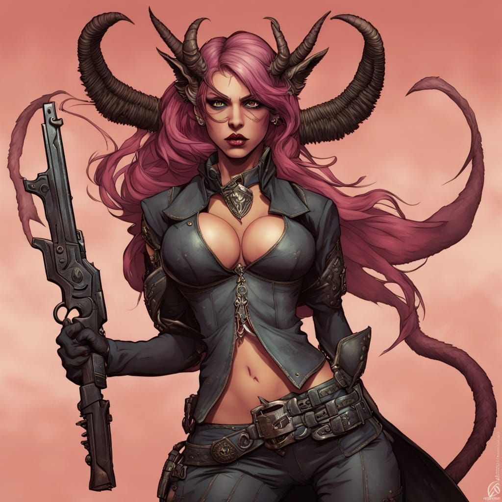 Ethereal Demoness Gunslinger in a Wasteland Landscape