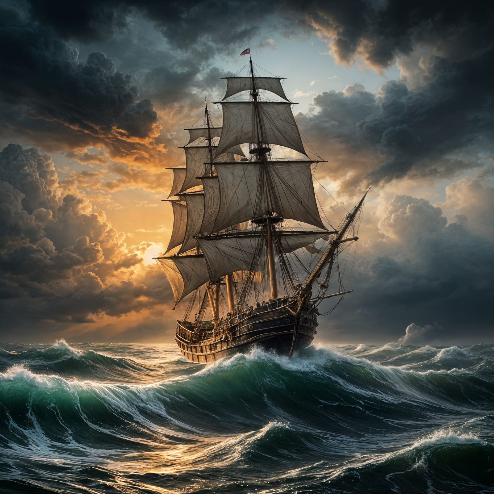 Ship Navigates Stormy Seas at Sunset, Old Oil Painting Style