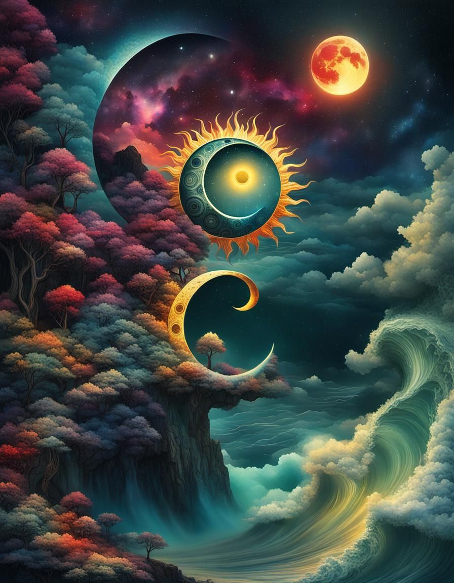 Surreal Yin Yang Sun Moon Cubist Dreamscape