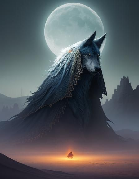 Girl and Wolf in Ethereal Desert Landscape