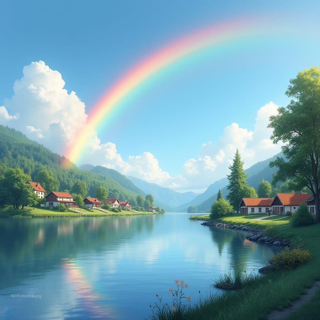 Vibrant Rainbow Over Serene Lake Community