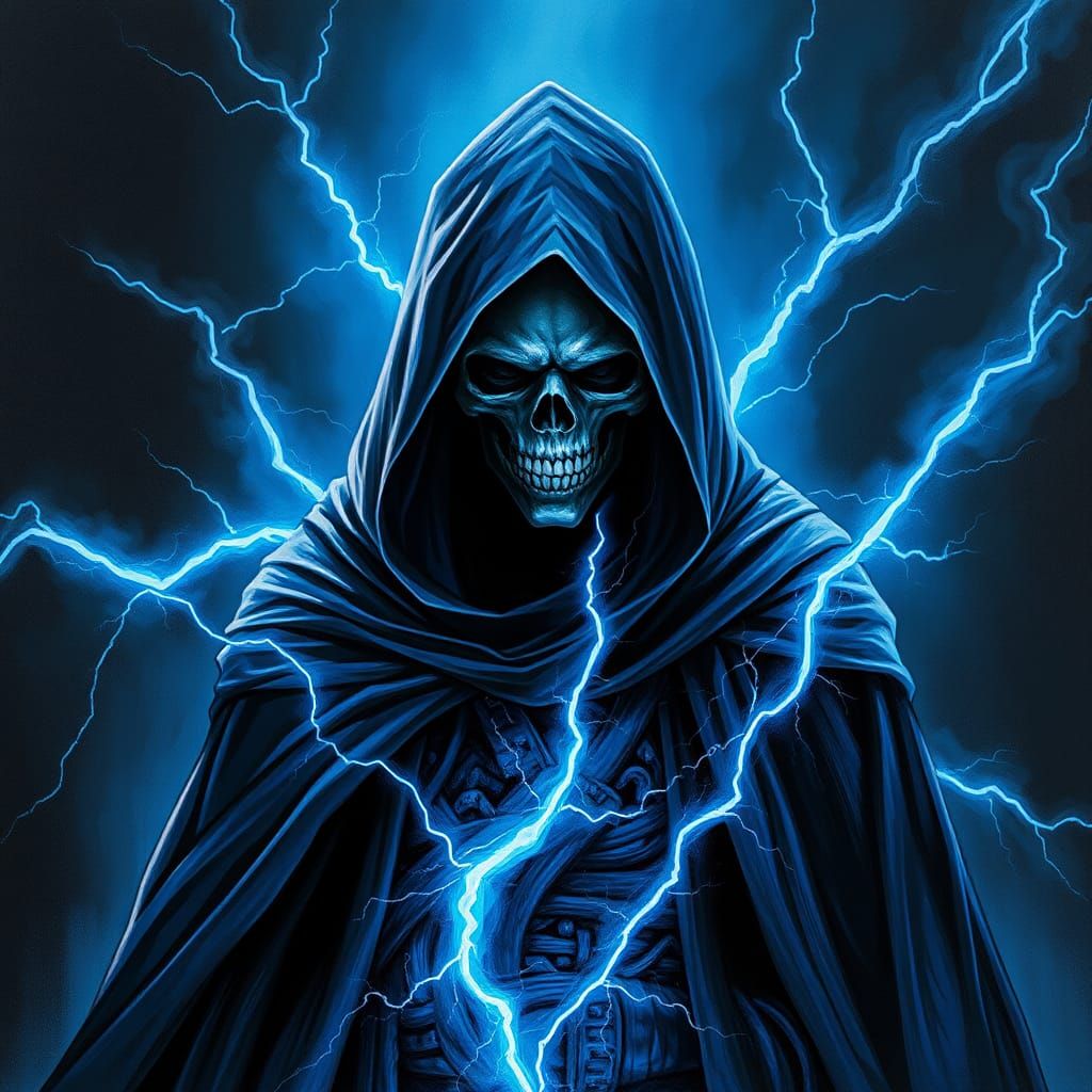 Skull Sorcerer Wreathed in Electric Blue Lightning