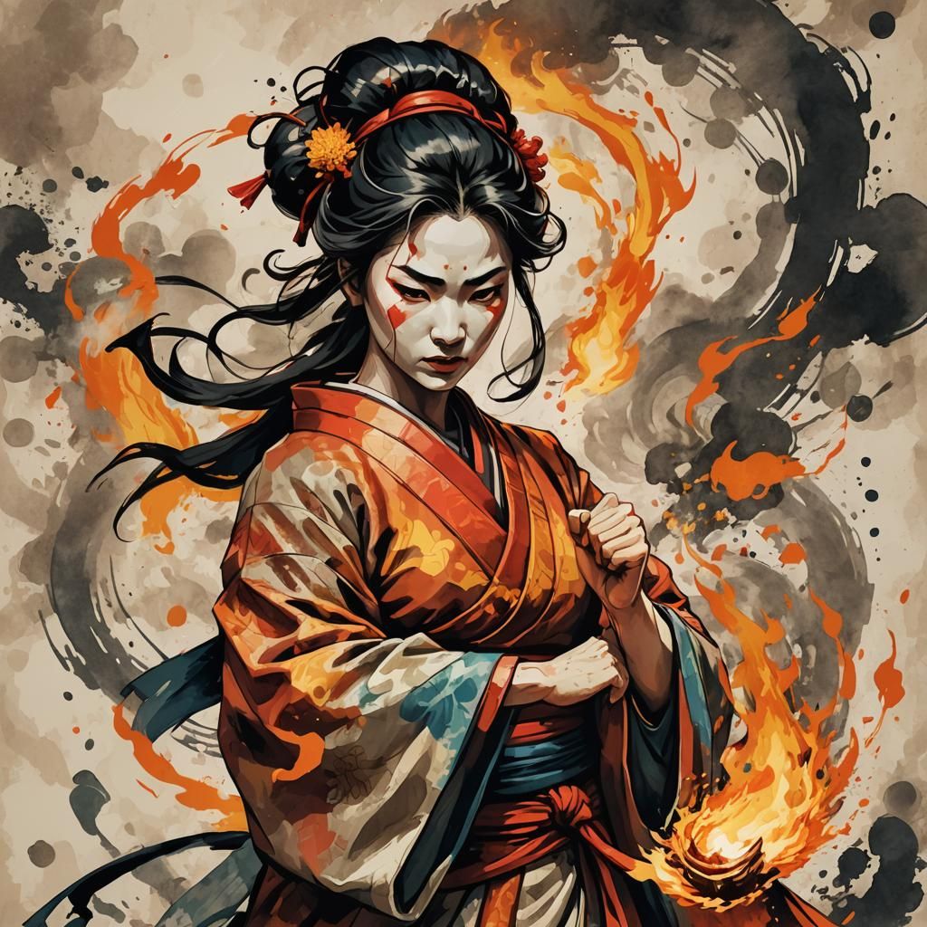 Fiery Geisha Avatar in Abstract Art Style