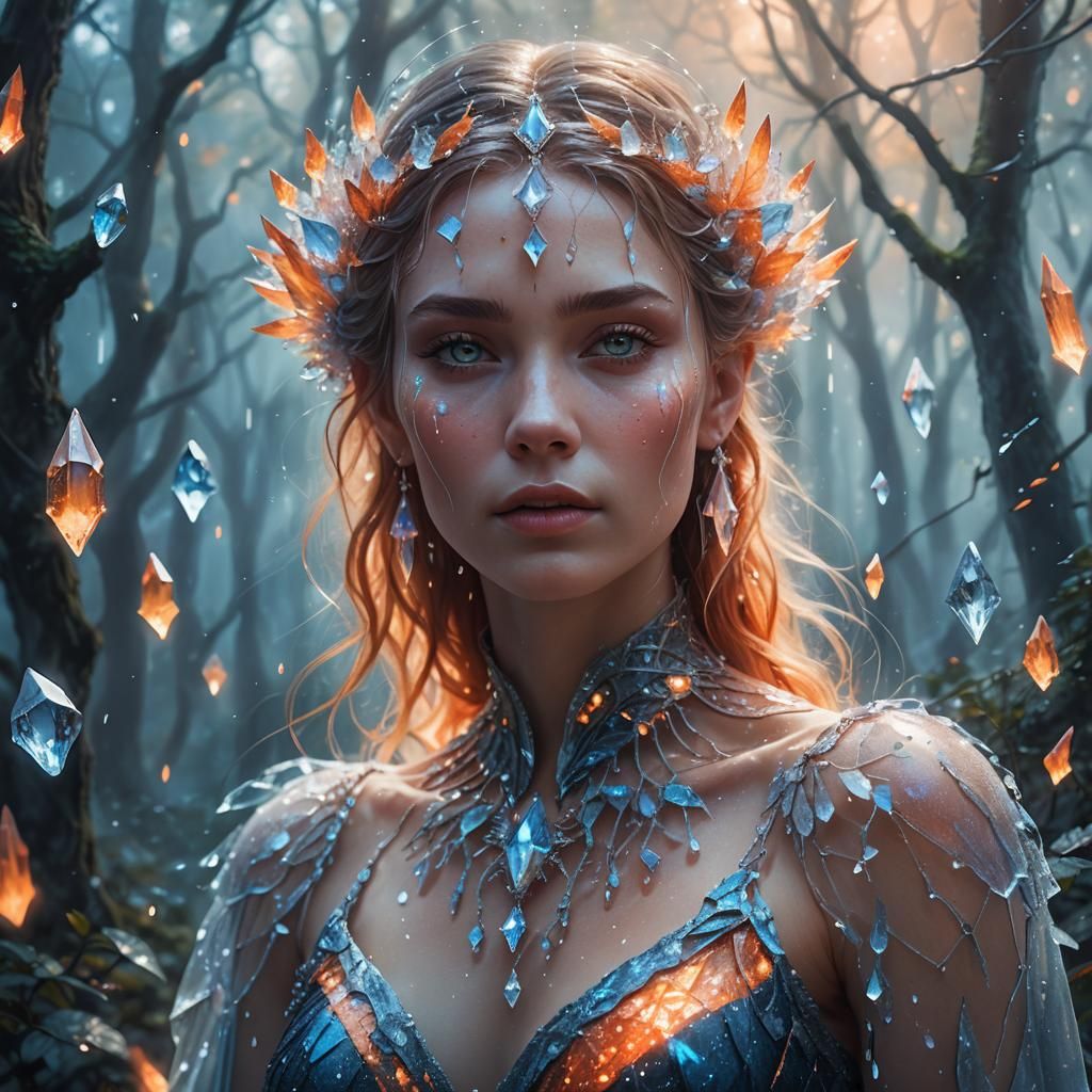 Ethereal Woman Bathed in Crystal Rain: Fantasy Art