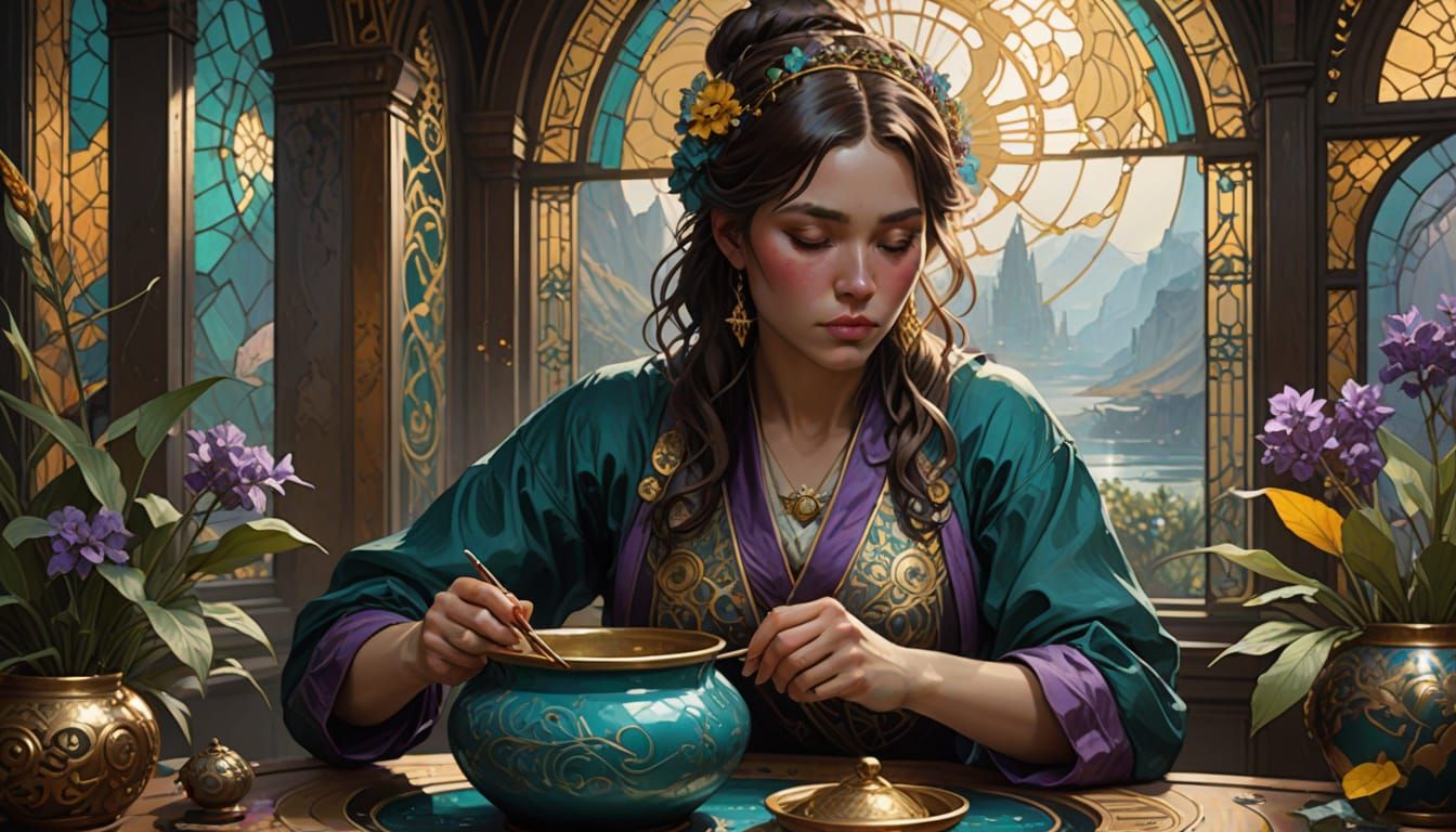 Woman Painting Kintsugi Pot in Encaustic Watercolor Style