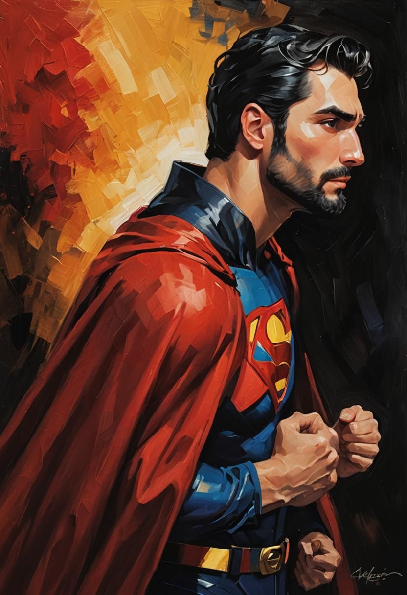 Bearded Superman Portrait in Impressionist Gouache Style