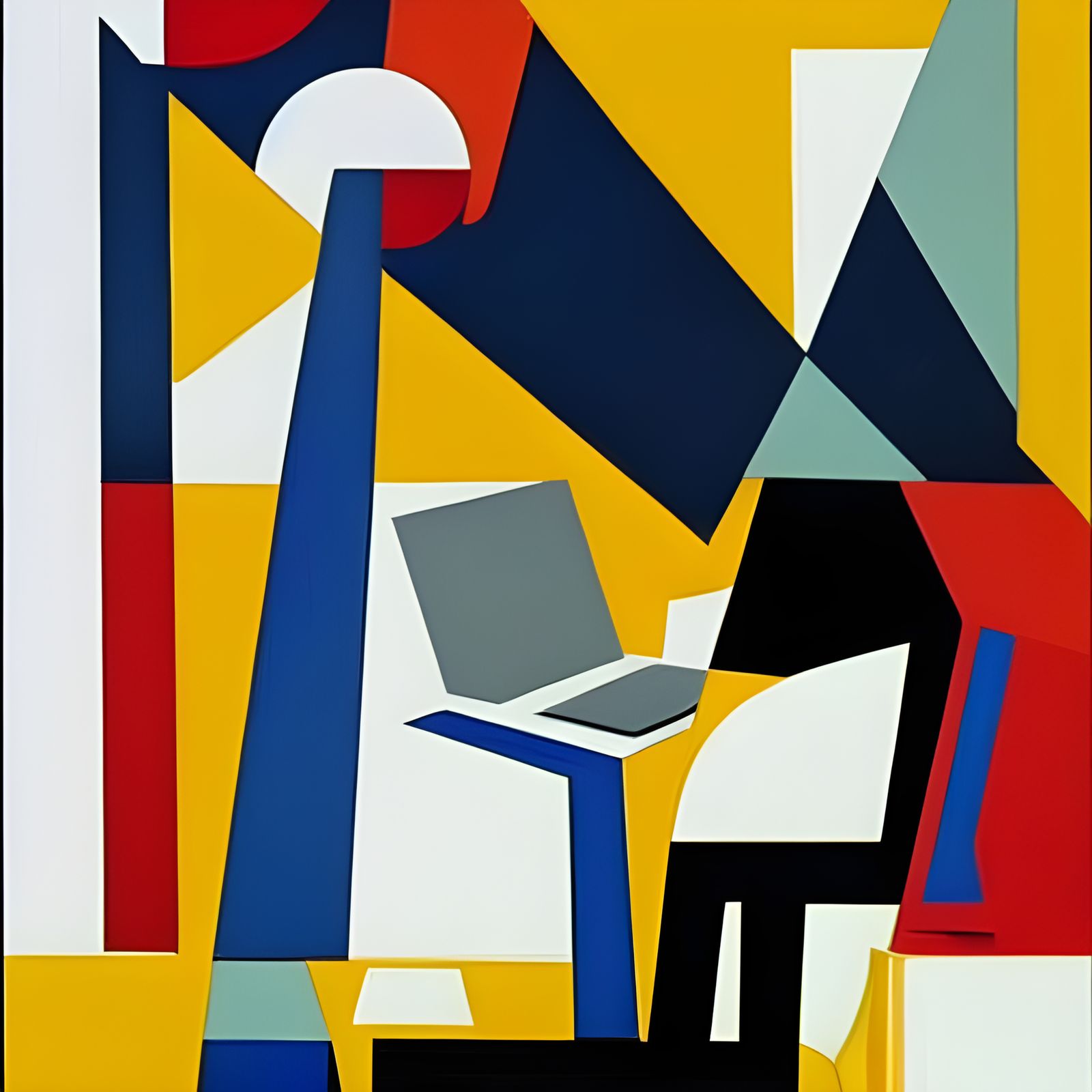 Man Typing in Office with Cubist Painting