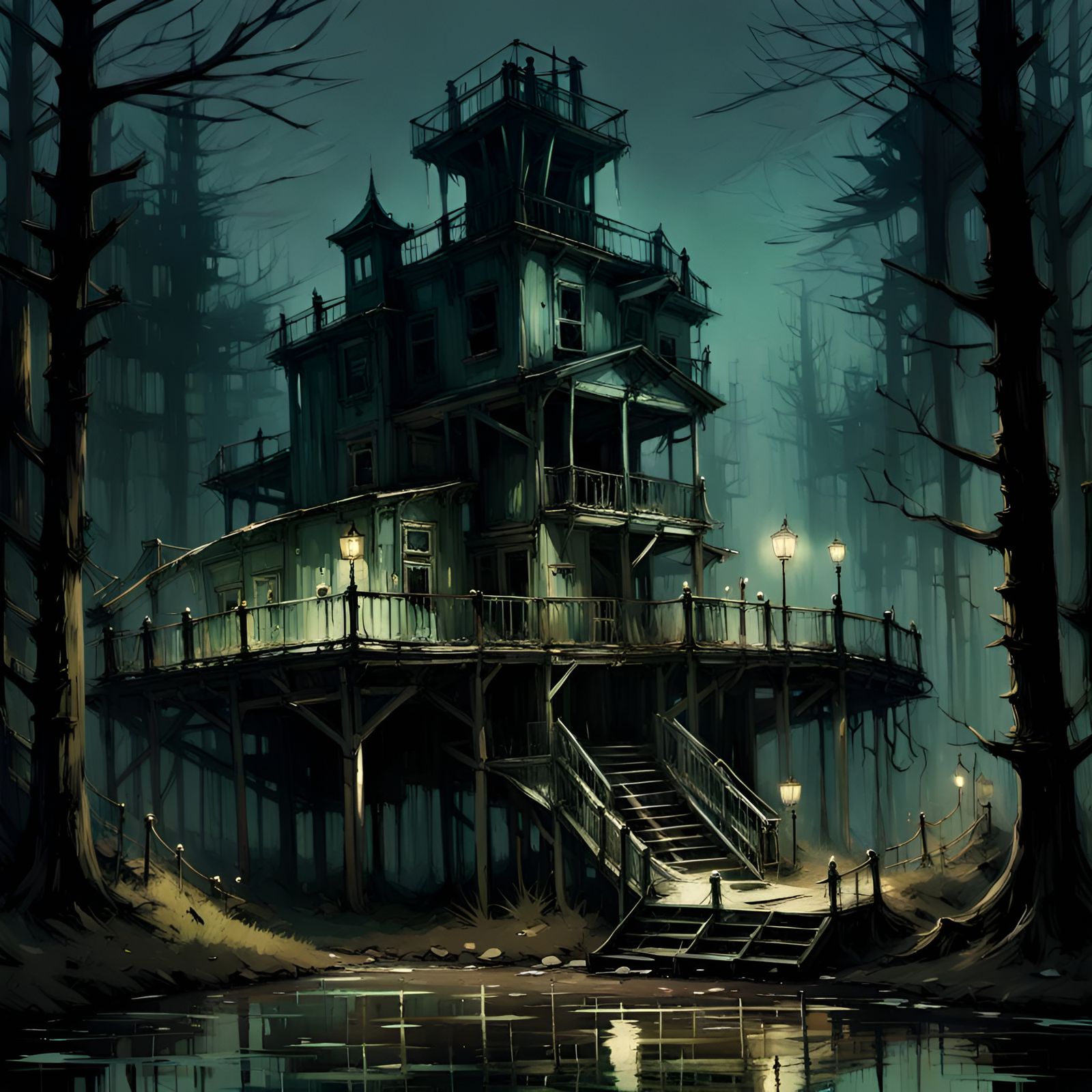 Spooky Abandoned Theme Park at Night