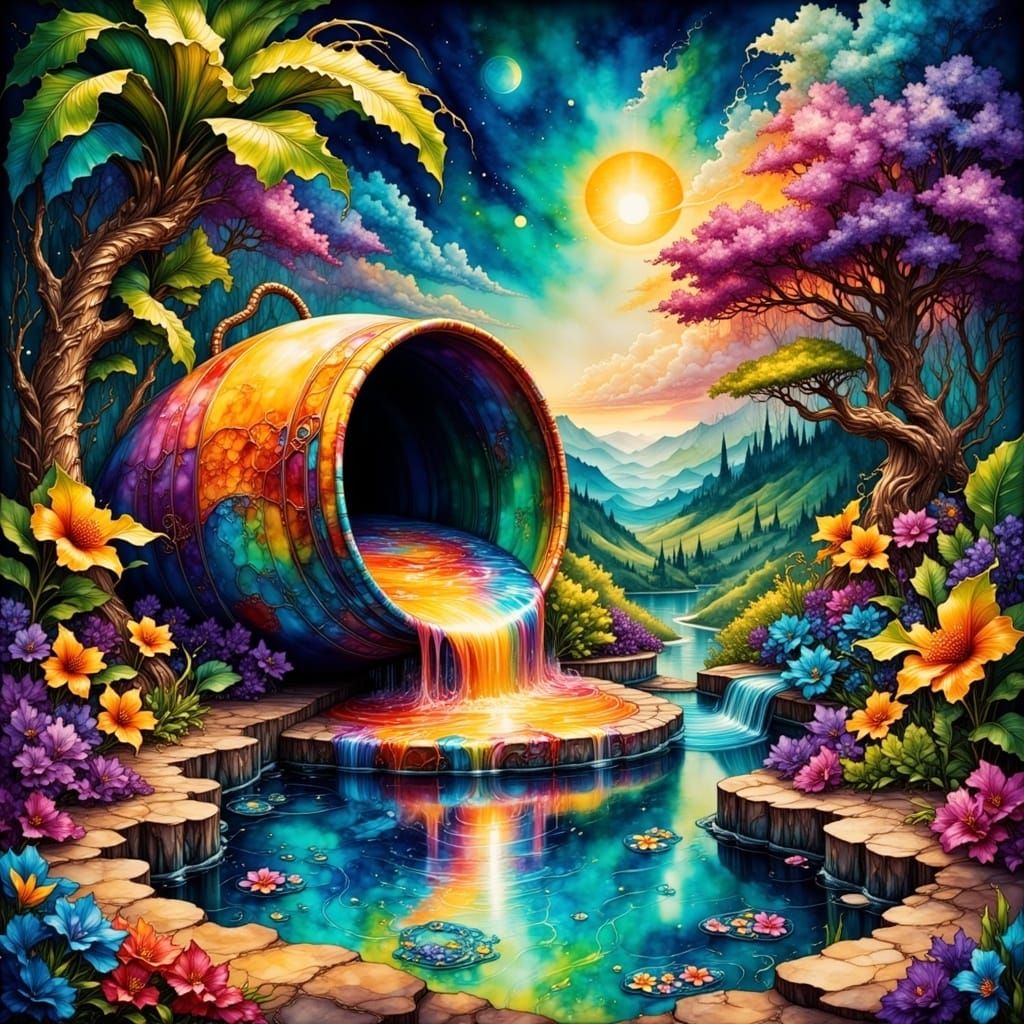 Rainbow Paint Bucket Overflows in Astral Illustration