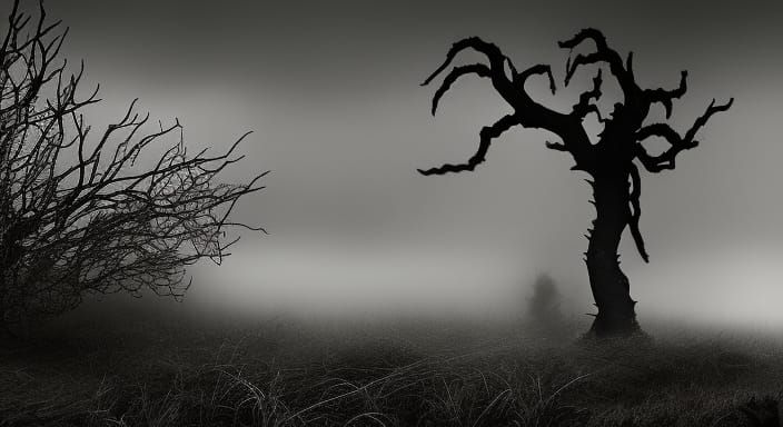 Eerie Dark Landscape with Obsidian Statue