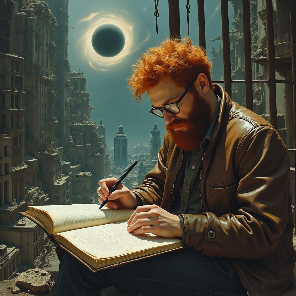 Surreal Disaster Scene: Writer Trapped in Cosmic Catastrophe