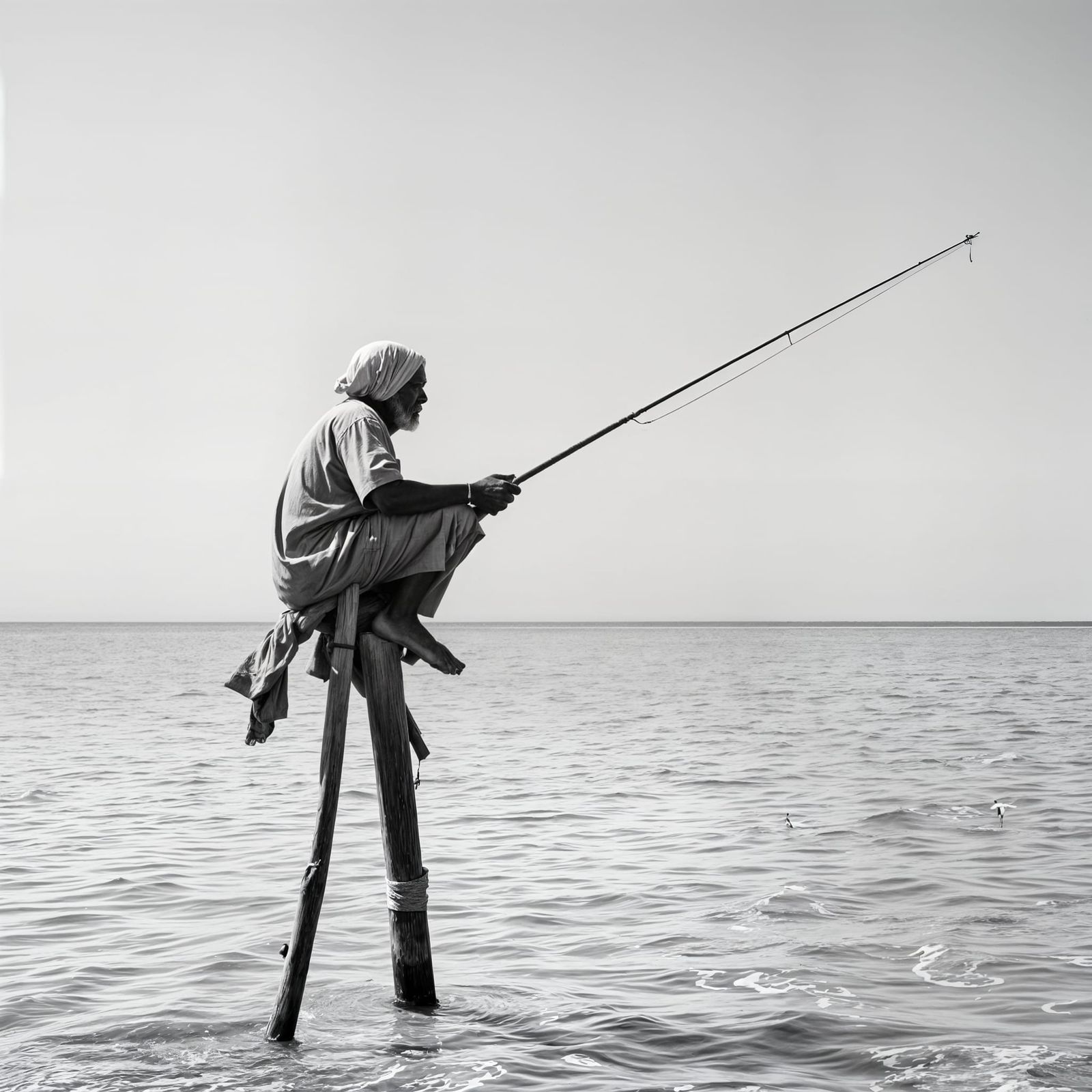 Sri Lankan Fisherman on Stilts in Monochromatic Grayscale