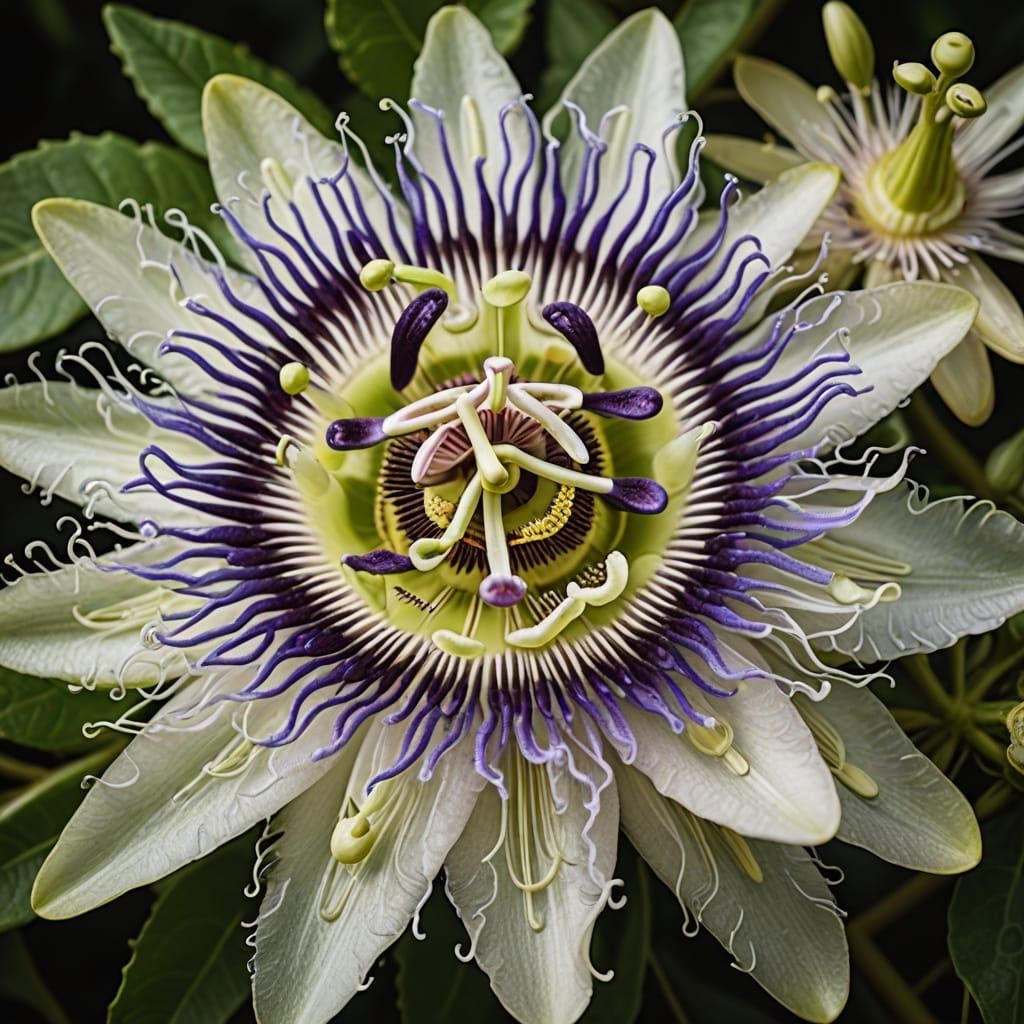 Macro Passion Flower in Botanical Illustration Style