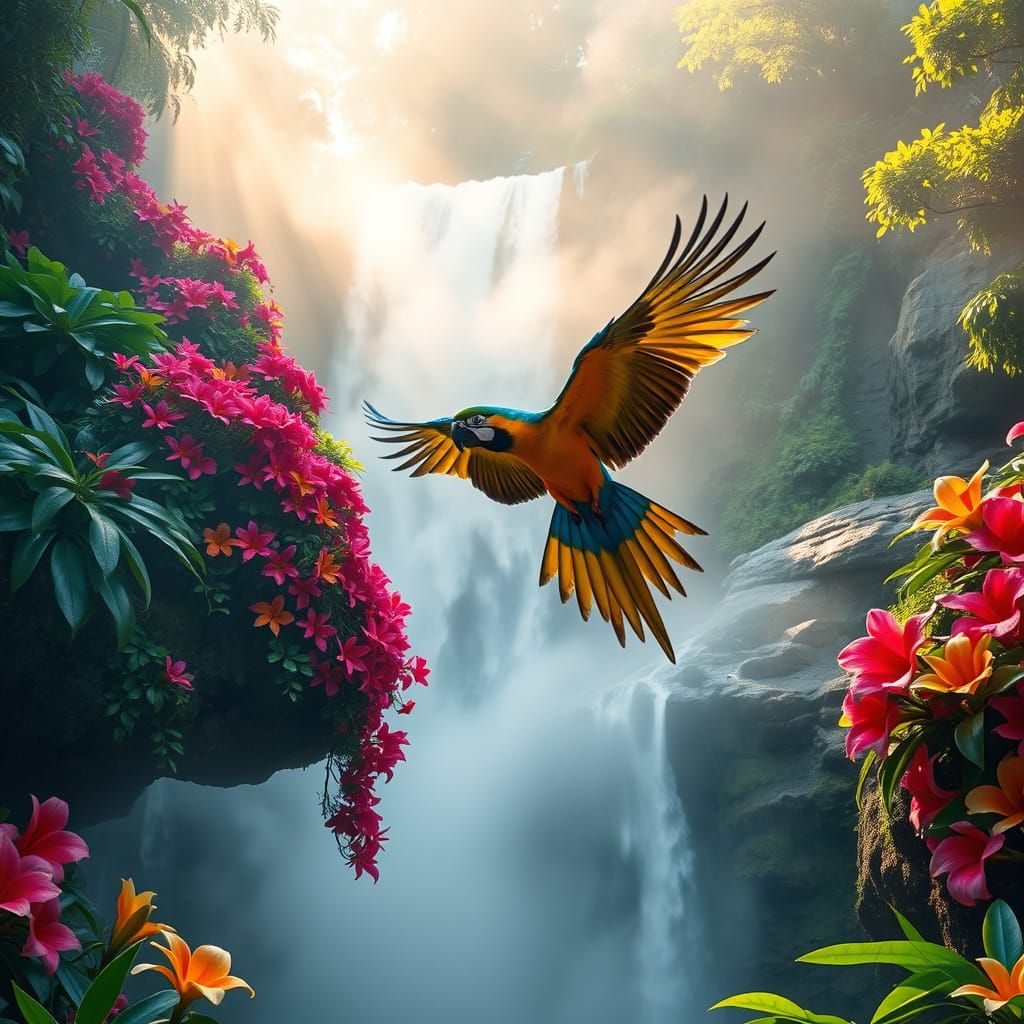 Vibrant Paradise with Tropical Flowers and Majestic Macaw