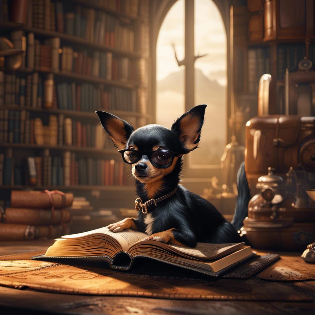 Chihuahua Lost in Literature: Detailed Matte Painting