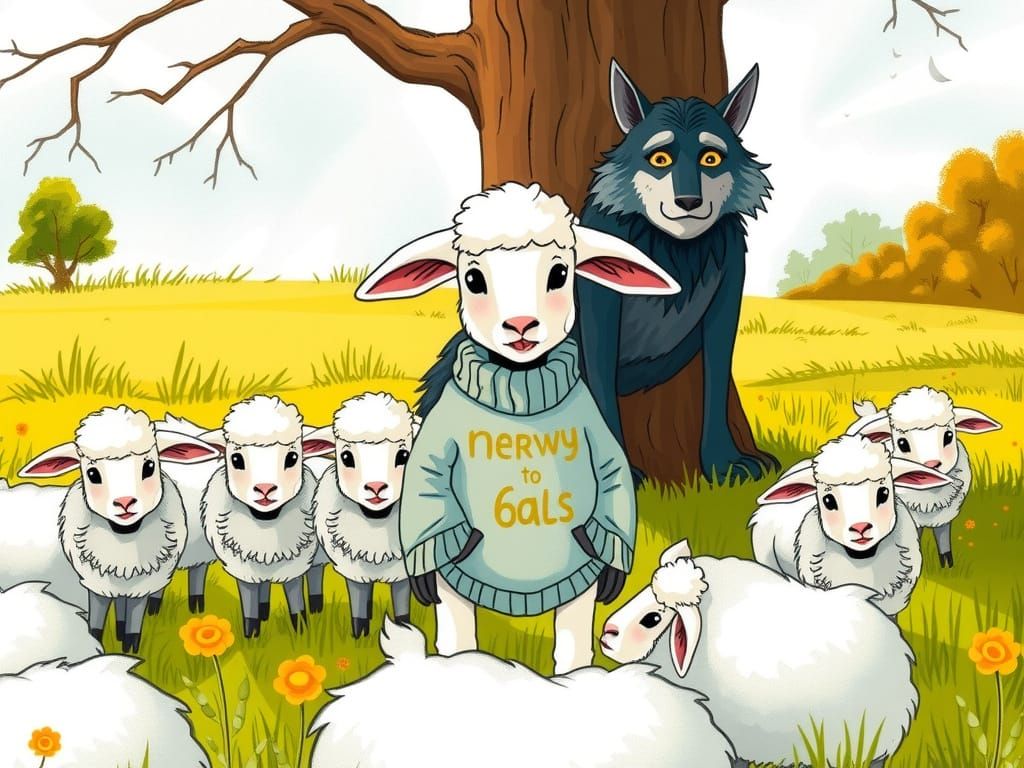 Nervous Lamb and the Big Bad Wolf: Hand-Drawn Scene