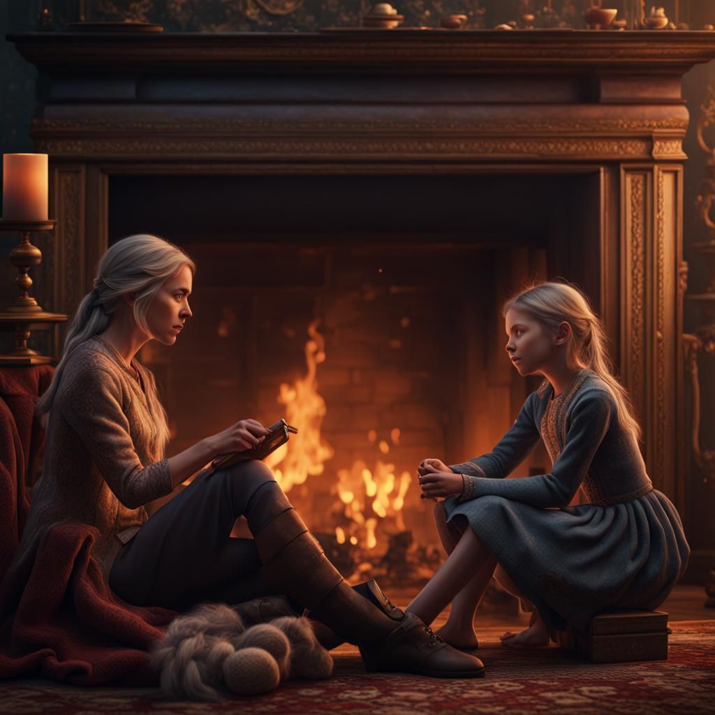 Cozy Mother and Daughter Fireplace Scene