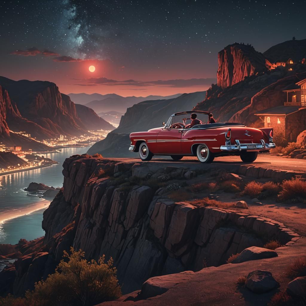 Gay Couple Kissing in Red Convertible, Matte Painting