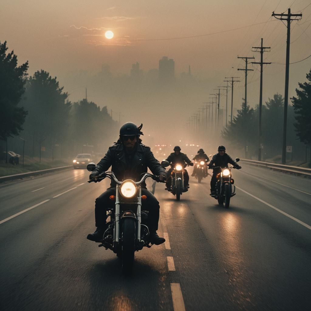Bikers Ride into Sunset: A Film Noir Scene