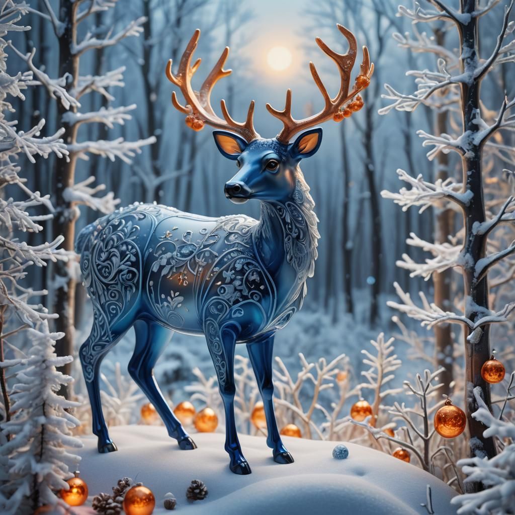 Gzhel Style Glass Deer in Winter Forest
