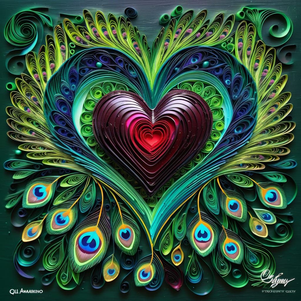 Ethereal Peacock Heart Melts in Vibrant Quilling Graffiti Ar...