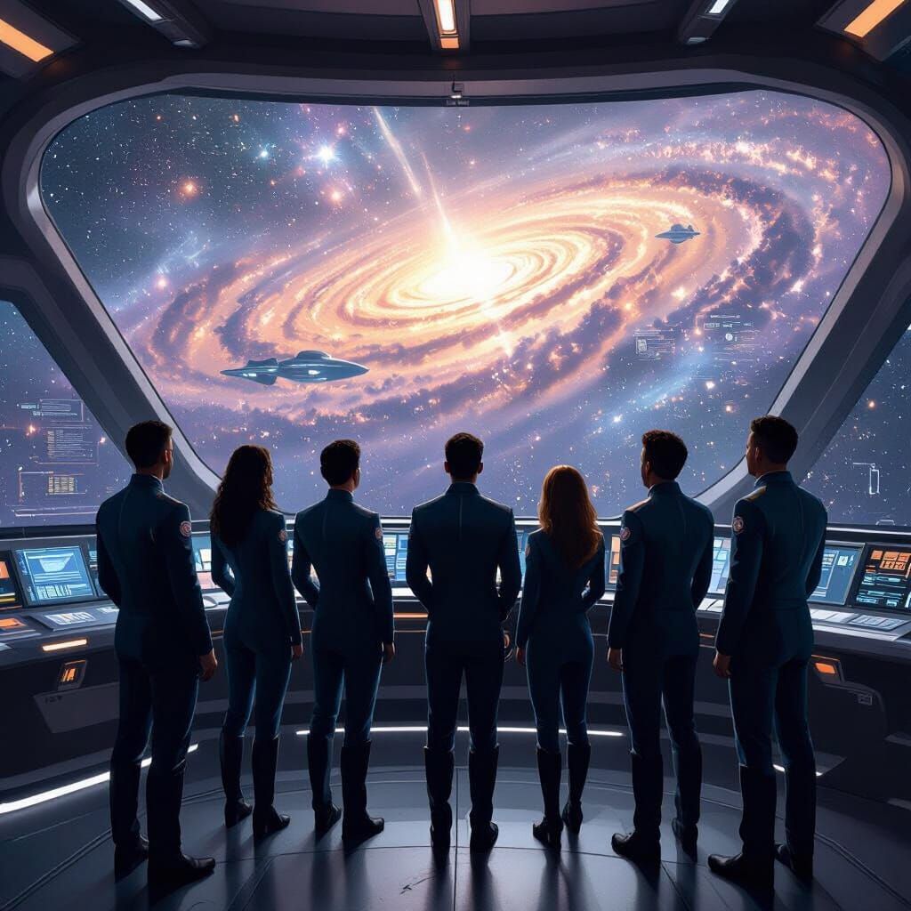 Diverse Crew on Starship Bridge Gazing at Galaxy