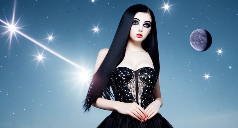 Pale Gothic Girl Stargazing in Maximalist Style