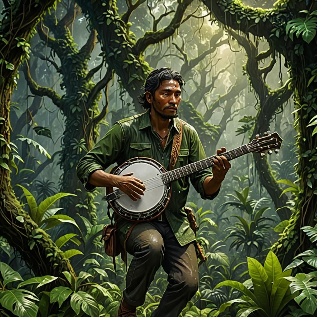 Rainforest Banjo Player in Detailed Matte Painting