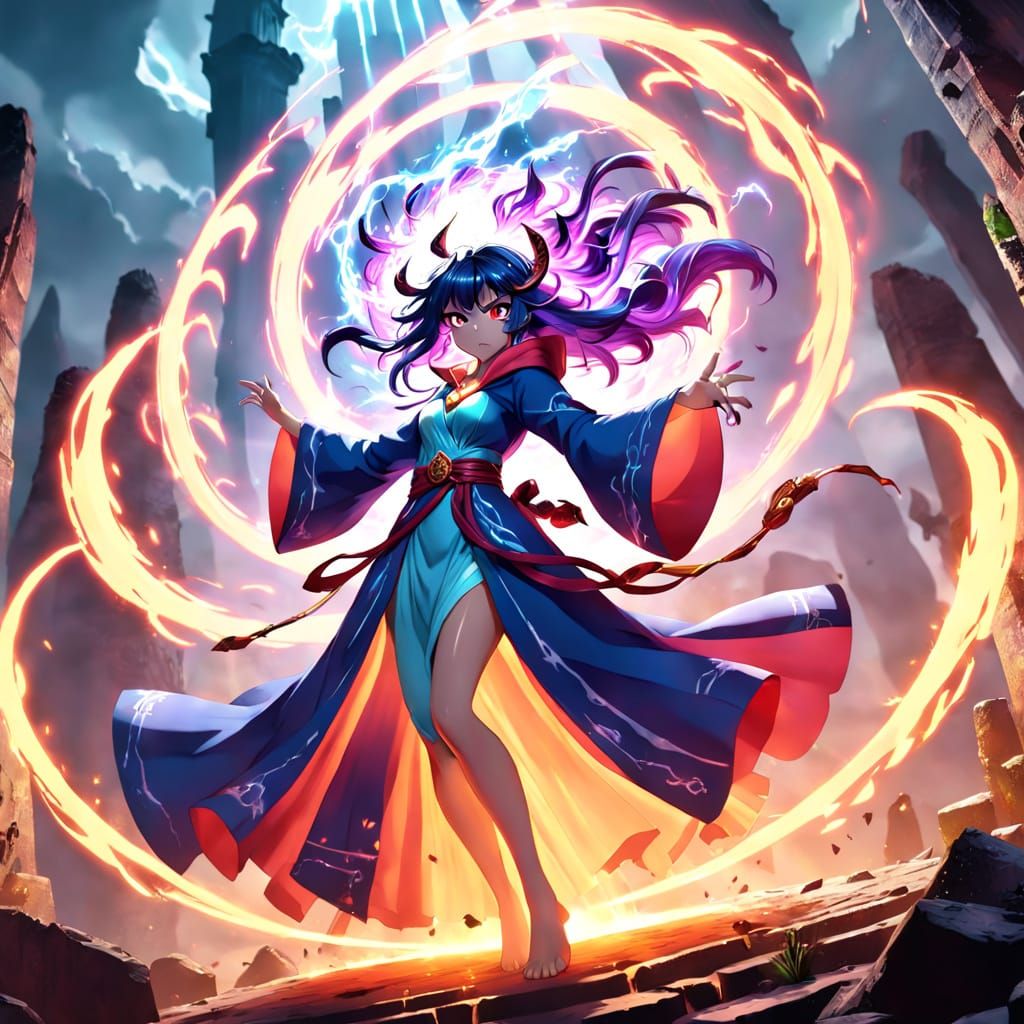 Anime Sorceress Battles Monster in Ancient Ruins