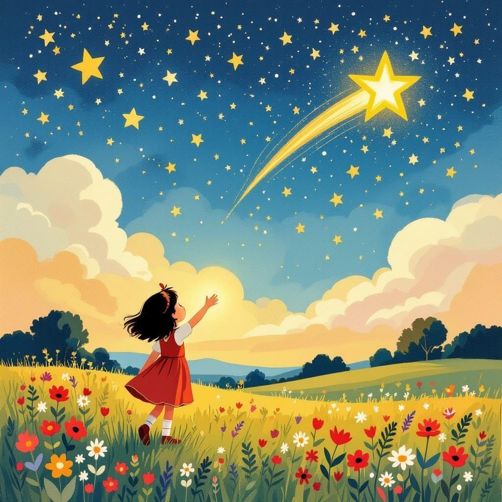 Vibrant Fauvist Girl Gazes at Shooting Star in Starry Meadow
