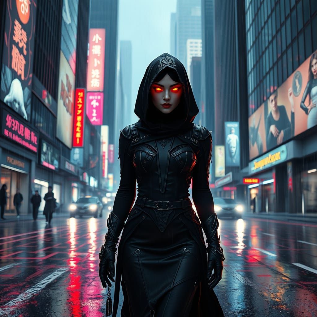 Cyberpunk Nun Warrior in Neon-Lit Darkness